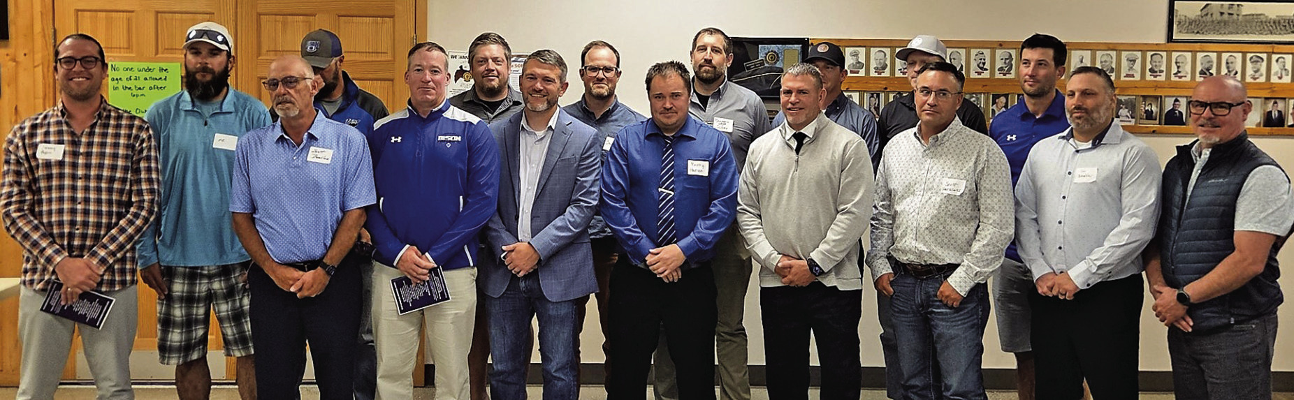 Some of the coaches and athletes from the 2003 State Runner-Up Football Team pose for a photo during this past weekend’s induction banquet for the Hot Springs Bison Athletics Hall of Fame. Pictured from left is Jeremy Pepin, Jack Brophy, Scott Beehler, Mike Molitor, Levi Klippenstein, Tyler Norton, Josh Redden, Charlie Baker, Barry Hansen, Ben Puffer, Trent Pikula, Ross Fees, John Haskvitz, Scott Harkless, Riley Northrup, Joe Beehler and Barry Scott. Photo by Richard Anderson