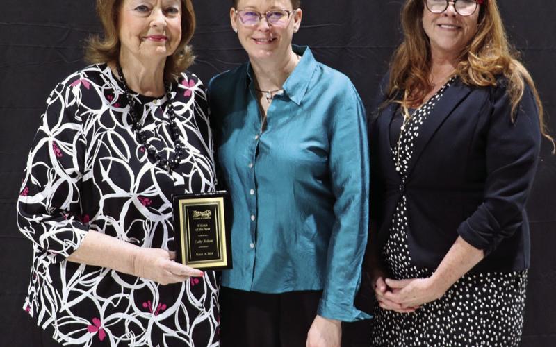The 2024 Hot Springs Chamber of Commerce Citizen of the Year Cathy Nelson, left, poses with fellow nominee Beth Spitzer (center) and Chamber President Kara Hagen during this past weekend’s Award Banquet at the Mueller Civic Center. Photo by Brett Nachtigall/Fall River County Herald-Star