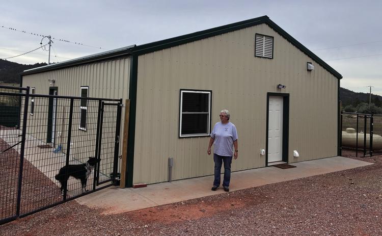 Connie Geiser, Battle Mountain Humane Society board member, watches Bailey, a border collie mix, having some outside playtime in the fenced area outside the new veteran building. Photo by Charity Maness / Fall River County Herald Star