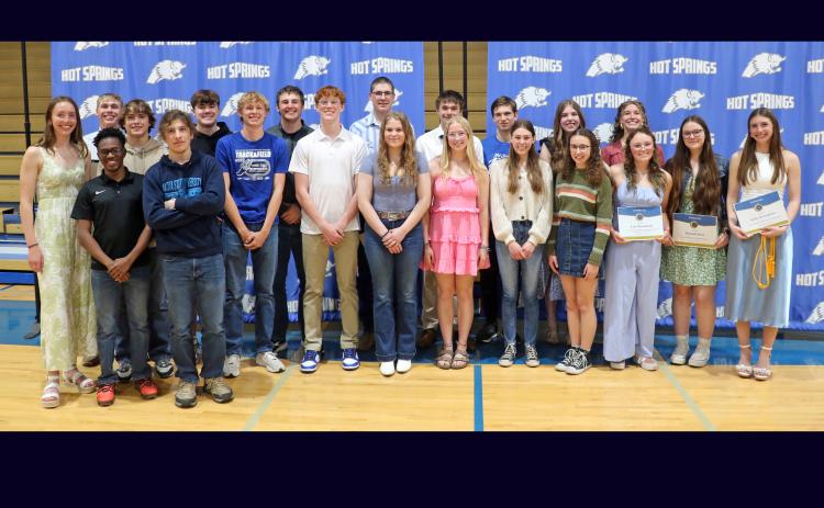 Class of 2024 graduates who were presented awards at a banquet held last Monday night in Case Auditorium include, from left: Maggie Preuss, Kyle Sanders, Micah Burchfield, Braden Peterson, Brandon Latinow, Josh Kleinsasser, Matt Close, Caleb Rickenbach, Modes Kerr, Terry Hammel, Julie Hewitt, Kayden Hansen, Kiera Allen, Martin Lane, Genevieve Ambuul, Elizabeth Davis, Karina Novotny, Carlie DeBoer, Erin Osmotherly, Hanna Sletto and Shelby Westinghouse. Photo by Brett Nachtigall/Fall River County Herald-Star
