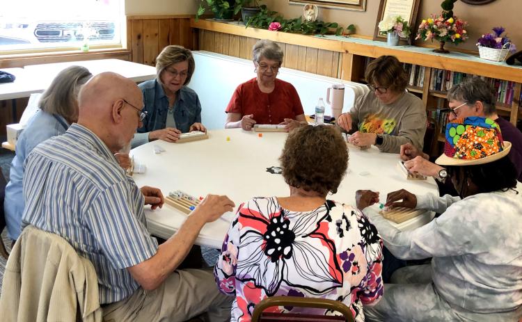 Rounds of Mexican Dominoes played every Tuesday morning draw a robust group at the Springs Senior Citizen Center. (Players facing camera l to r: Pat Rowe, Orva Burke, Colleen Bowker.) Photos by Charity Maness/Fall River County Herald Star