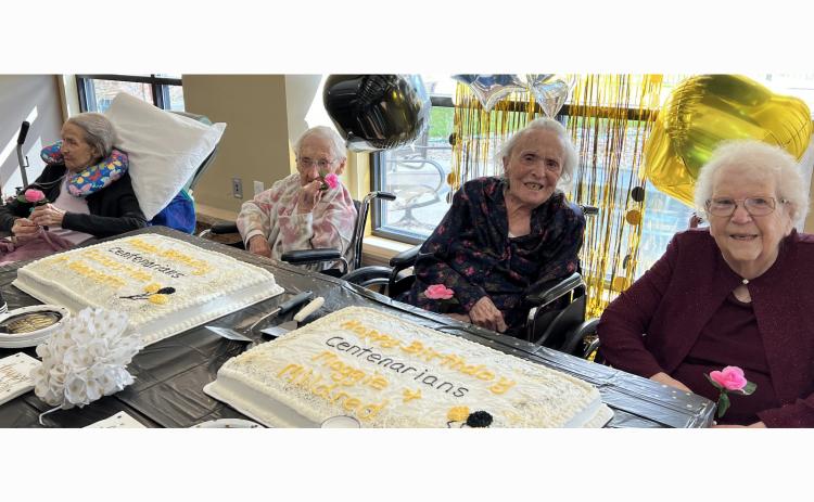 Four Centenarians celebrated at Seven Sisters with a birthday bash. Left to right: Earnestine Colgan, Henrieta Ritzman, Margaret ‘Maggie’ May, and Mildred Kraemer. Photo by Charity Maness/Fall River County Herald Star