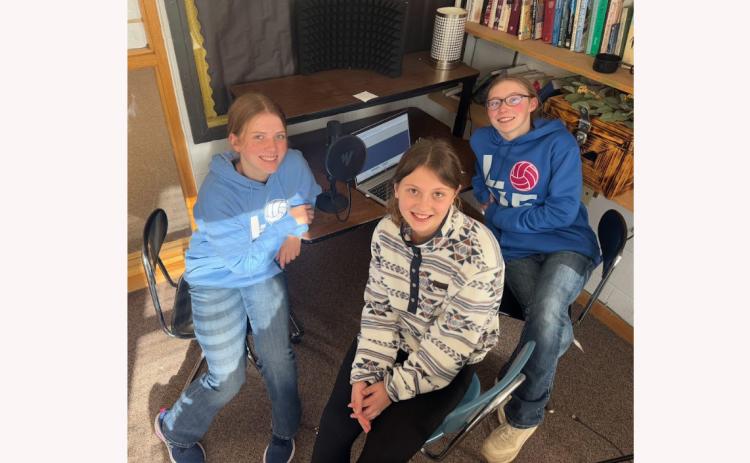 Edgemont Middle School students have created a podcast titled “Mogul Message.” Here, students Madison Hirschfield, Reagan Ferley, and Mya Brown record interviews for an upcoming podcast.