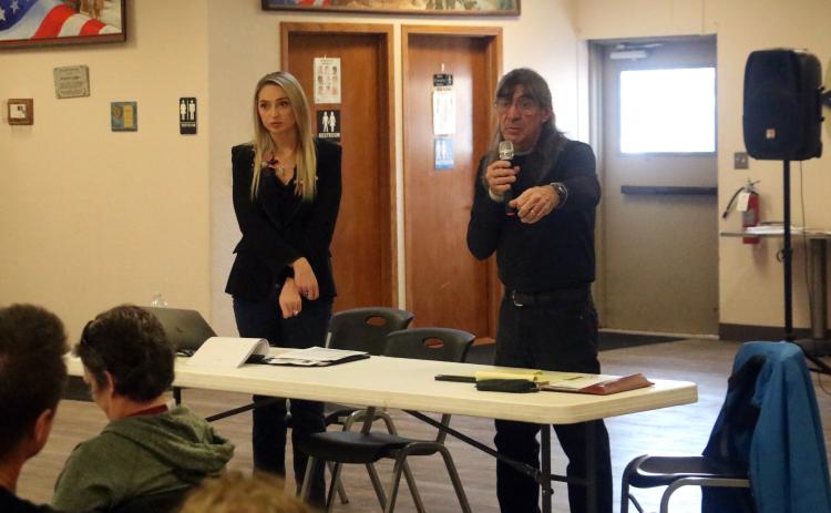 Hot Springs resident Robert Paul, right, addresses a question from the audience during a meeting held this past Sunday, Feb. 23, hosted by his group known as “Tax Relief for Property Owners.” On the left is District 30 Senator Amber Hulse of Hot Springs who was on hand to speak about the property tax legislation currently being considered in Pierre, including her own SB 191, which was to be voted on by the full Senate this past Tuesday, Feb. 25. See next week’s newspaper to learn how the vote went.