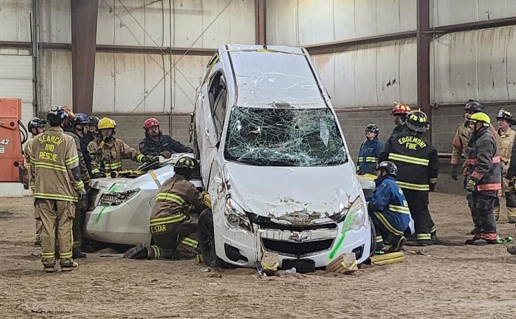 Members of the Edgemont Fire Department learn advanced extraction techniques for difficult rescue situations at a recent training in Rapid City with other departments in attendance. Photo courtesy of Rapid Fire Conference via Facebook