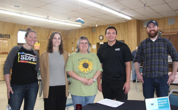 The PBS production crew meets with Edgemont residents at the Senior Center. L-R: Brittany Neiles, Delainey LaHood-Burns, Edgemont Mayor Rheta Reagan, Jaxon Thornson, and Tim Davison Photo by Linda Baird/FRC Herald Star