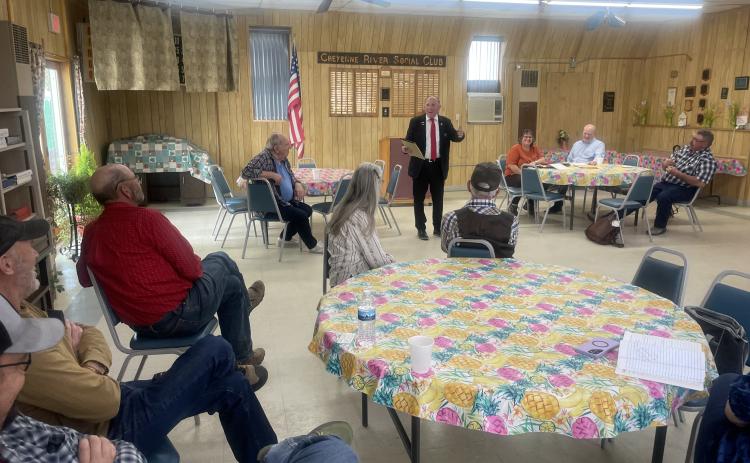 District 30 SD House member Tim Goodwin (left) tells Edgemont Mayor Rheta Reagan, State’s Attorney Lance Russell and Fall River County Commissioner Les Cope about his encouraging conversations with SD Senator John Thune’s office about preventing Burlington Northern Santa Fe (BNSF) from closing its railroad yard vital to the town’s economy. Photo by Beth Bogart/Fall River County Herald-Star