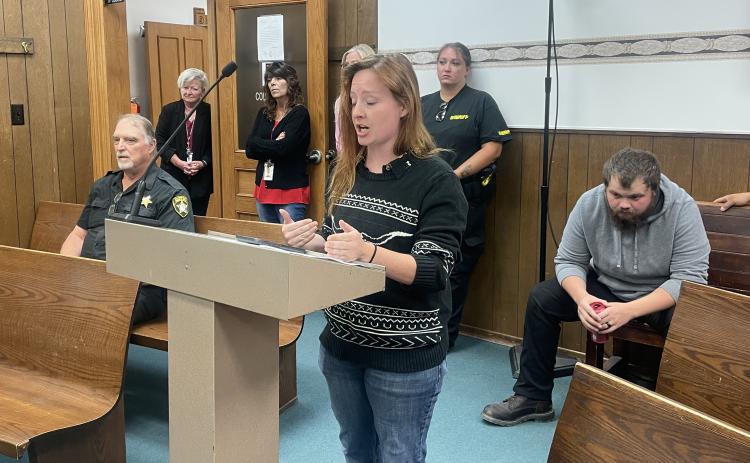 County employees vented for an hour about ongoing payroll problems: Pictured from left is Vince Logue, Edie Jenniges, Carol Boche, Veronica Quintana (at the podium) and Cherelle Hughes. Photo by Beth Bogart/Fall River County Herald-Star