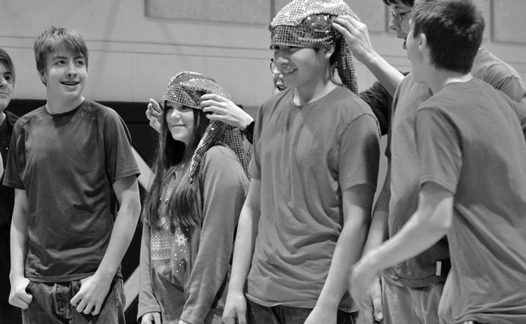Freshmen Liam Yellow Horse and Tiana Sides are crowned Morp King and Queen by last year’s royalty Nevaeh Zimiga and Chase Alexander. Photo by Garland Wright