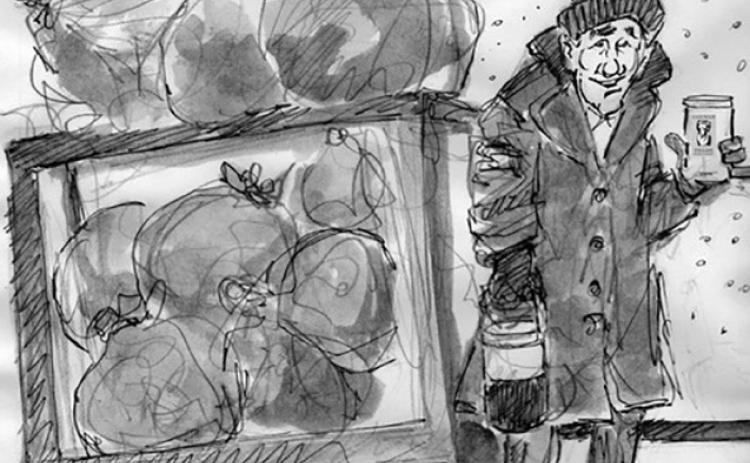 This drawing by Jim Hatzell is inspired by a photograph of Roger Klein taken by Kathleen Matthews of Spearfish; Hatzell added the smile and the can in Roger’s hand.