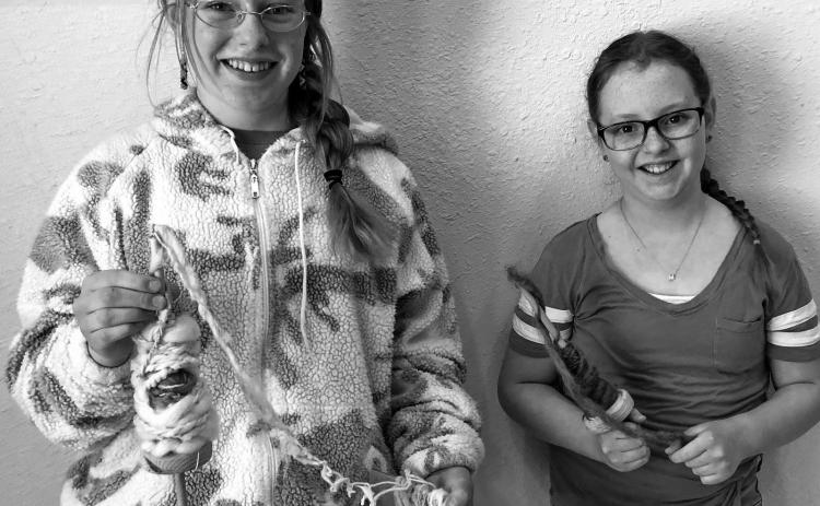 Sisters Anabelle Mauck, 12, and Charlotte Mauck, 10, show their handspun yarn from raw fleece. Photo by Charity Maness/Fall River County Herald Star