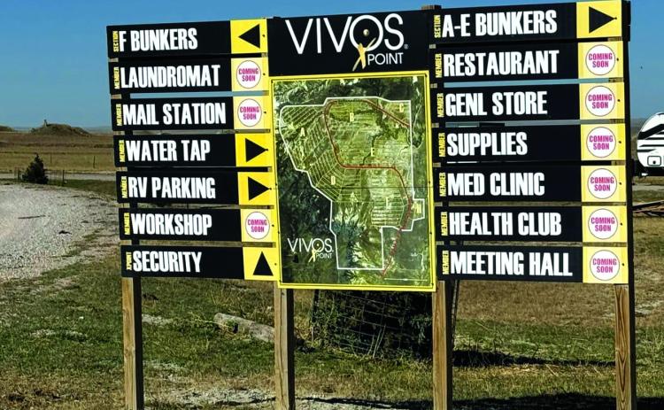 This sign located at Vivos xPoint shows a long list of amenities, most of which – marked with a circle that reads “COMING SOON” – have yet to be built at the Igloo bunker compound, located southwest of Edgemont.