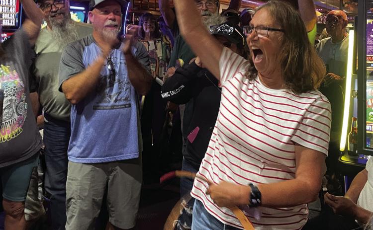 Photo by Beth Bogart/Fall River County Herald-Star Irma Fees of Hot Springs won the Jack of Hearts lottery to benefit the CanMan scholarship fund last Tuesday at the Winner’s Circle lounge