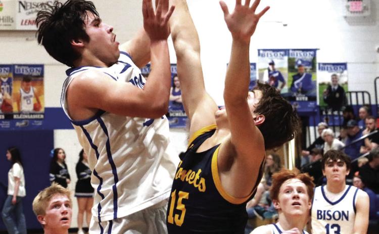 Hot Springs junior Aidyn Janis puts up a contested shot in the lane against Rapid City Christian last Friday night at Case Auditorium. Photo by Brett Nachtigall/Fall River County Herald-Star