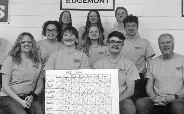 The Edgemont High School Quiz Bowl team recently took first place at the PAC Tournament on Monday, March 18, 2024. Pictured from left to right, top to bottom, are Katelyn Lauritsen, Markus Ashwanden, Kira Dermatis, Jackie Heisler, Jason (JJ) Ostenson, Advisor Sam Miller, Mackenzie Hollenbeck, Brendan Nelson, and Advisor Scott Corbett. Photo courtesy of Hott Shotts Photography