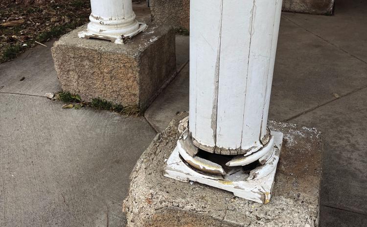 Alt Text for ImageAmong the things needing replaced on the Kidney Springs Gazebo are the wooden columns and concrete bases, as shown here. City crews are currently working on a plan to begin dismantling the gazebo and rebuilding it with new parts which are already in possession of the City of Hot Springs. Photo by Brett Nachtigall/Fall River County Herald-Star 