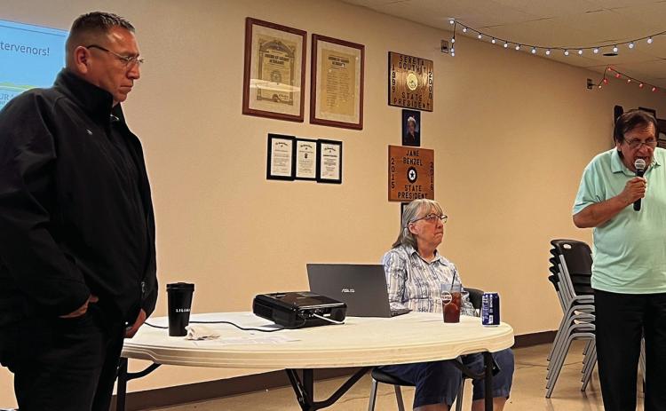 Oglala Sioux Tribe (OST) President Frank Star Comes Out (left), Dr. Lilias Jarding with the Black Hills Clean Water Alliance (seated) and OST attorney Mario Gonzalez address a group of more than 30 people at a meeting held at the Hot Springs American Legion on Wednesday, Aug. 29. Photo by Beth Bogart/Fall River County Herald-Star