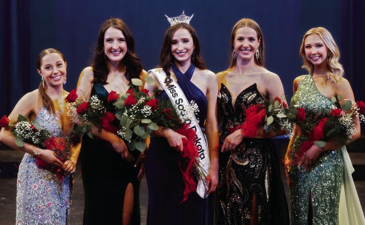 The 2024 Miss South Dakota Court (L to R): 3rd runner-up Jensine Matson of Ramona, 2nd runner-up Emily Deinken of Sioux Falls, Miss South Dakota 2024 Joelle Simpson of Rapid City, 1st runner-up Katherine Milbrandt of Brookings, and 4th runner-up Sydney Morgan of Hot Springs.