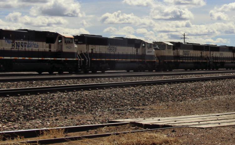 Locomotive engines line the railroad tracks in the rail yard near the Edgemont train depot. Photo by Linda Baird/Fall River County Herald Star