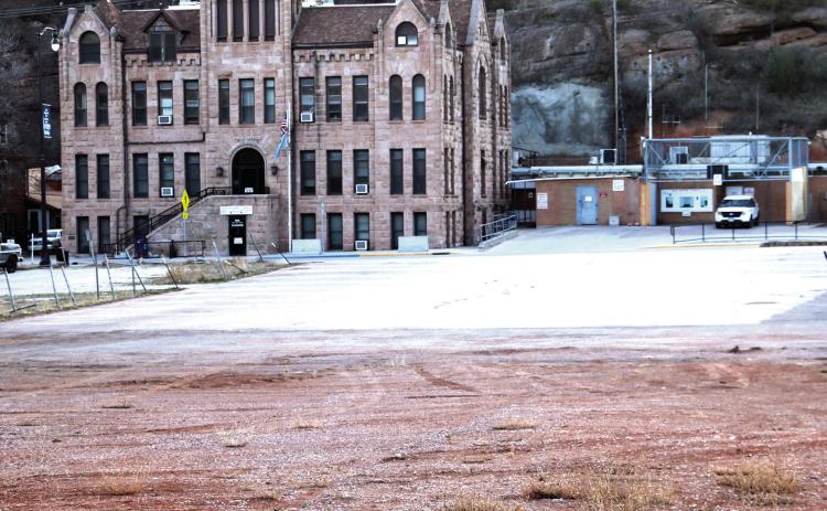 Fall River County Commissioner Joe Allen put forth a motion to have voters decide if the County should borrow $20 million to build a new Justice Center on county property (pictured in the foreground) located across the street from the courthouse and current jail. Photo by Brett Nachtigall/Fall River County Herald-Star