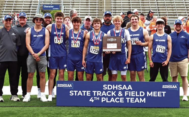 Members of the Hot Springs Bison boys track team pose with their 4th place state plaque following this past weekend’s meet in Sioux Falls. Athletes pictured from left include Kayden Hansen, Luke Haertel, Hunter Kunz, Braden Peterson, Matt Close, Caleb Rickenbach and Lakoda Keller. Photos by Brett Nachtigall/Fall River County Herald-Star