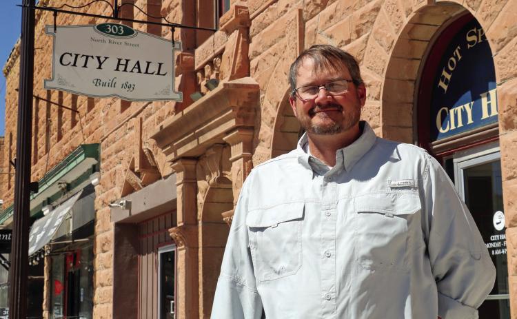 Bob Nelson, Jr., stands in front of City Hall in downtown Hot Springs this past Monday, April 22. Photo by Brett Nachtigall/Fall River County Herald-Star